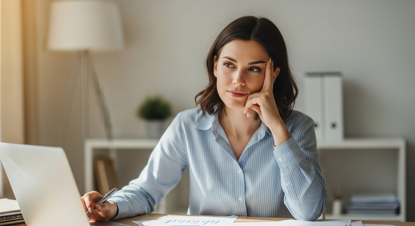 A woman sitting at her desk in warm light, pausing with calm realization, symbolizing freedom from perfectionism and self-criticism.