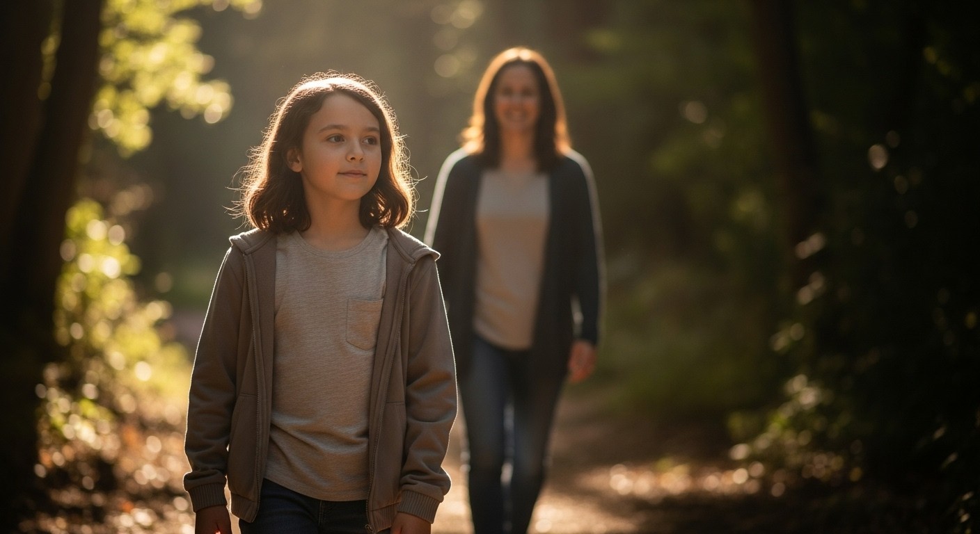 A confident child walking ahead on a sunlit path while a supportive parent follows, symbolizing emotional growth and self-trust.
