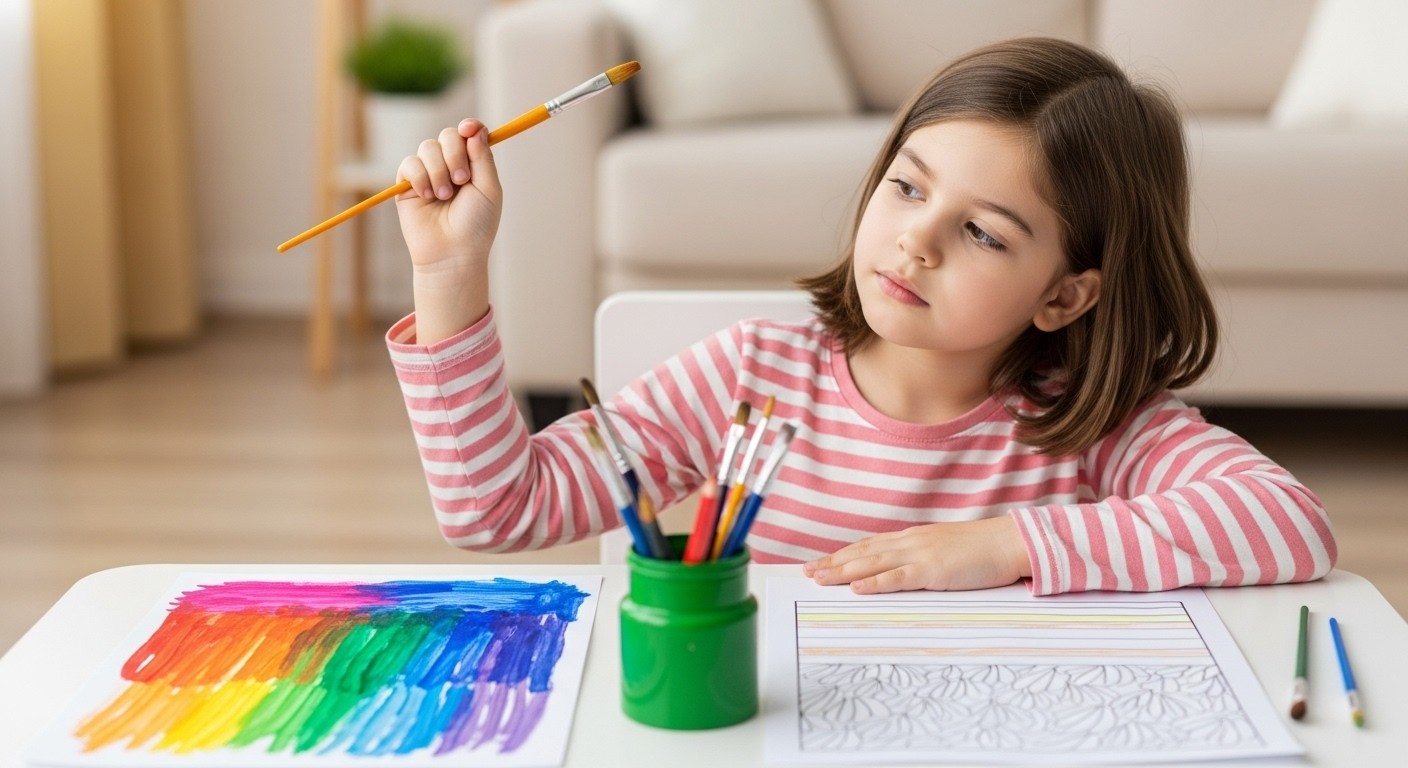 A thoughtful child pausing between free painting and coloring inside the lines, symbolizing the moment self-expression becomes self-doubt.