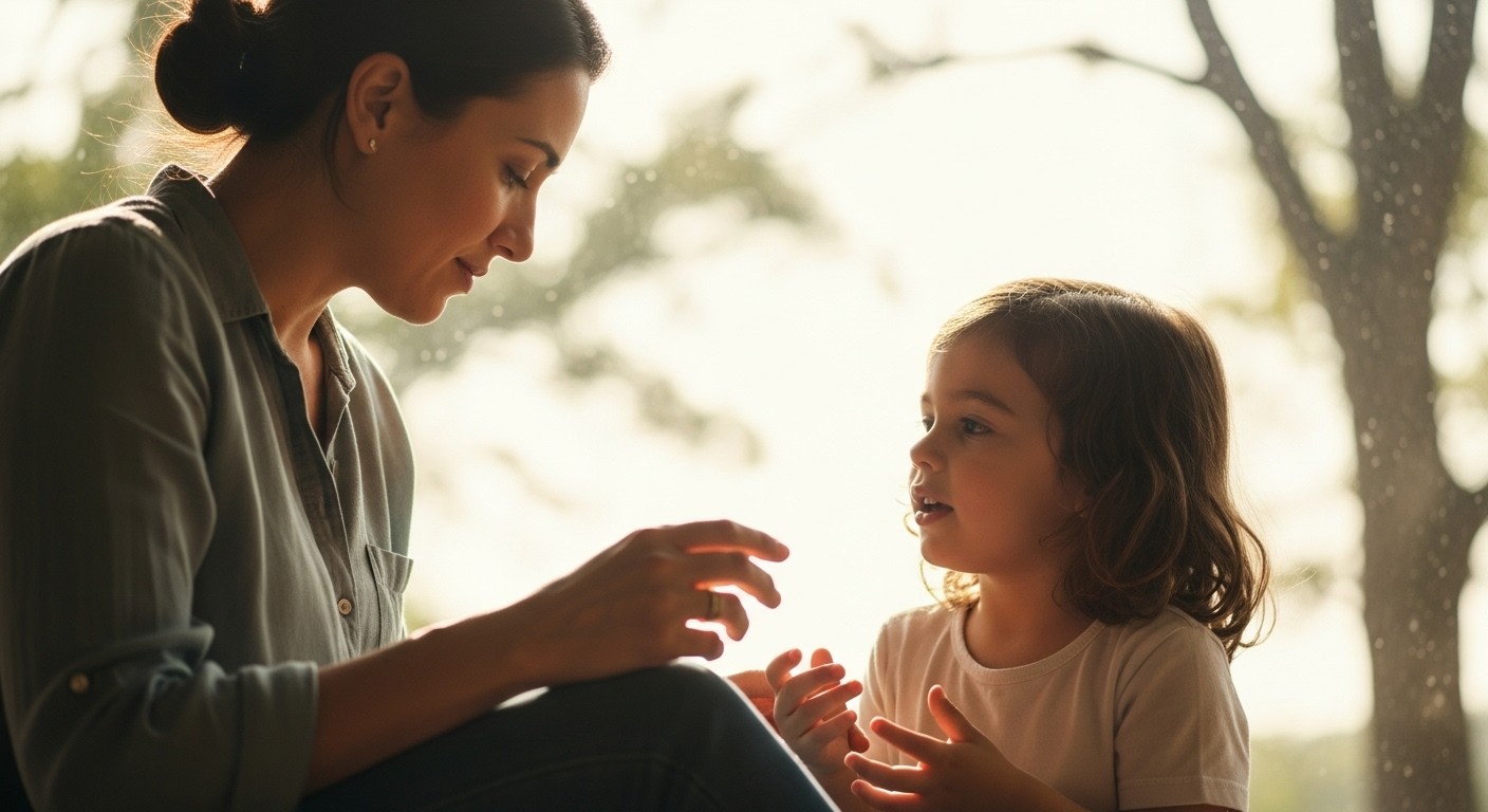 Parent gently listening to their child in soft natural light, symbolizing emotional safety, trust, and trauma-informed parenting.