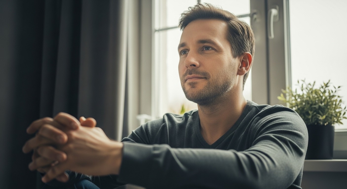 A calm man sitting in gentle morning light, hands clasped, symbolizing healing self-worth and inner peace after years of self-criticism.