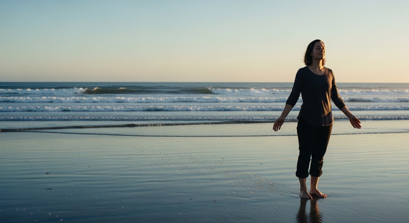A calm girl standing by the ocean at sunrise, watching the waves wash away shadows, symbolizing release and emotional freedom from past trauma.