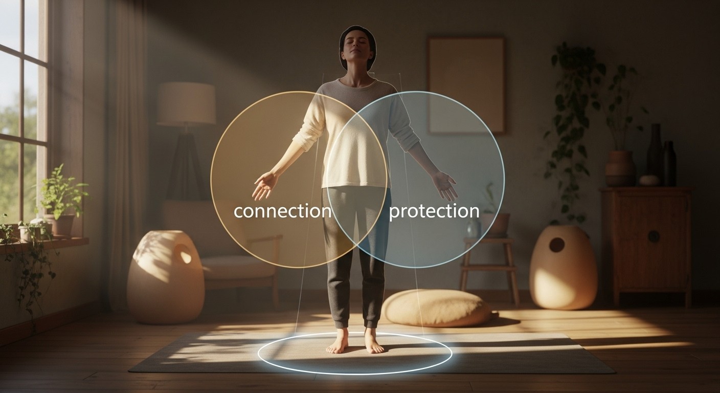 A calm person standing within a gentle boundary circle, symbolizing emotional balance and healthy connection.