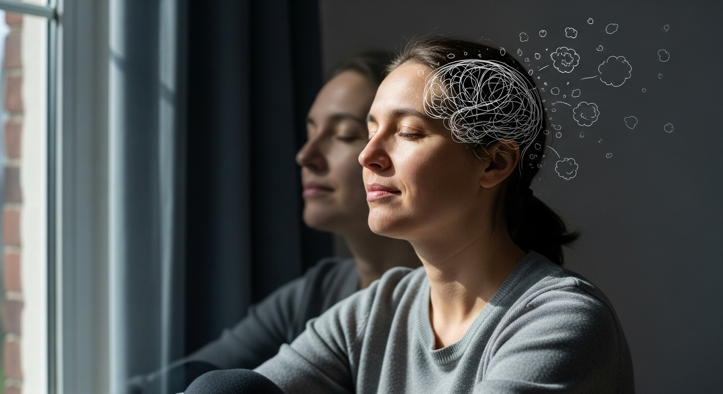 A person sitting calmly in soft light as blurred reflections fade around them, symbolizing freedom from intrusive thought spirals through mindfulness.