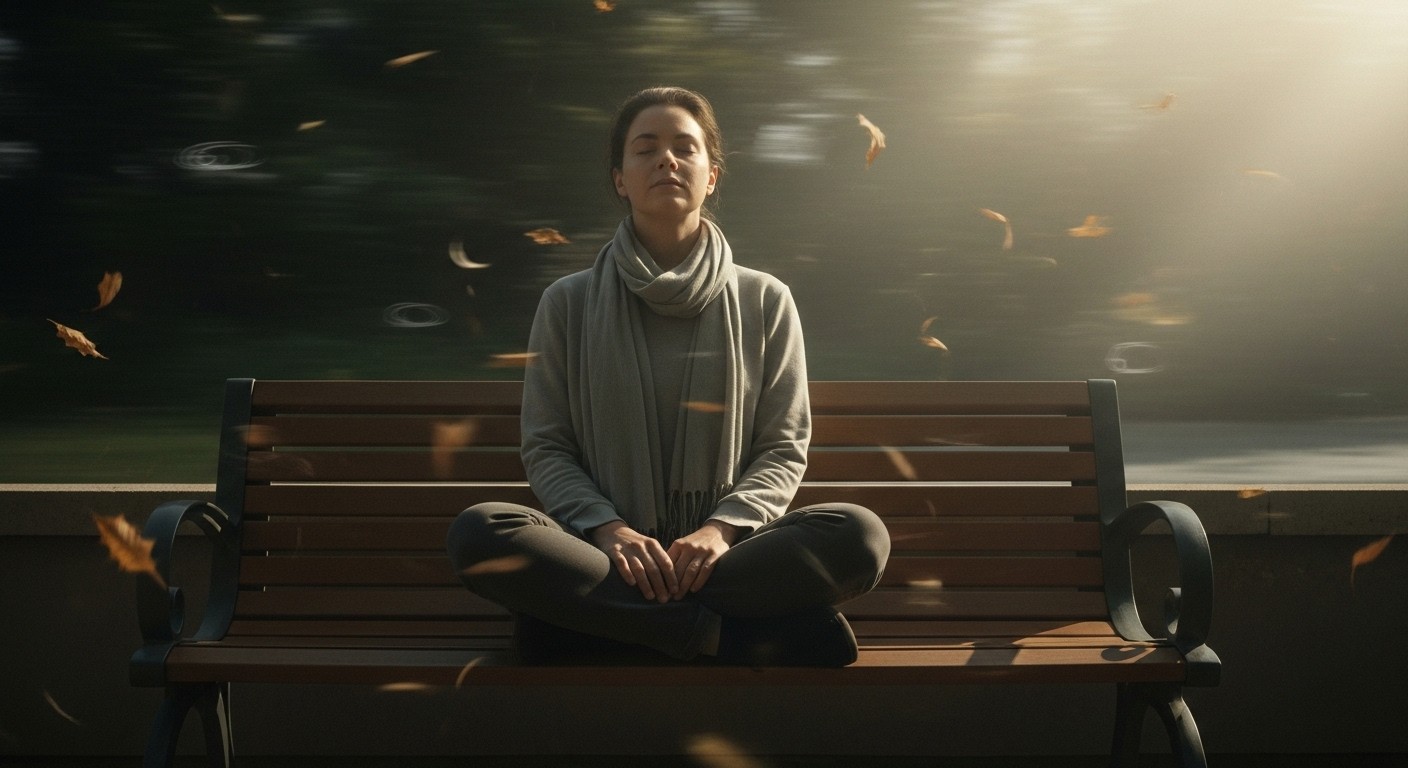 A calm person sitting in soft light as gentle movement surrounds them, symbolizing mindfulness and learning to observe thoughts without reacting.