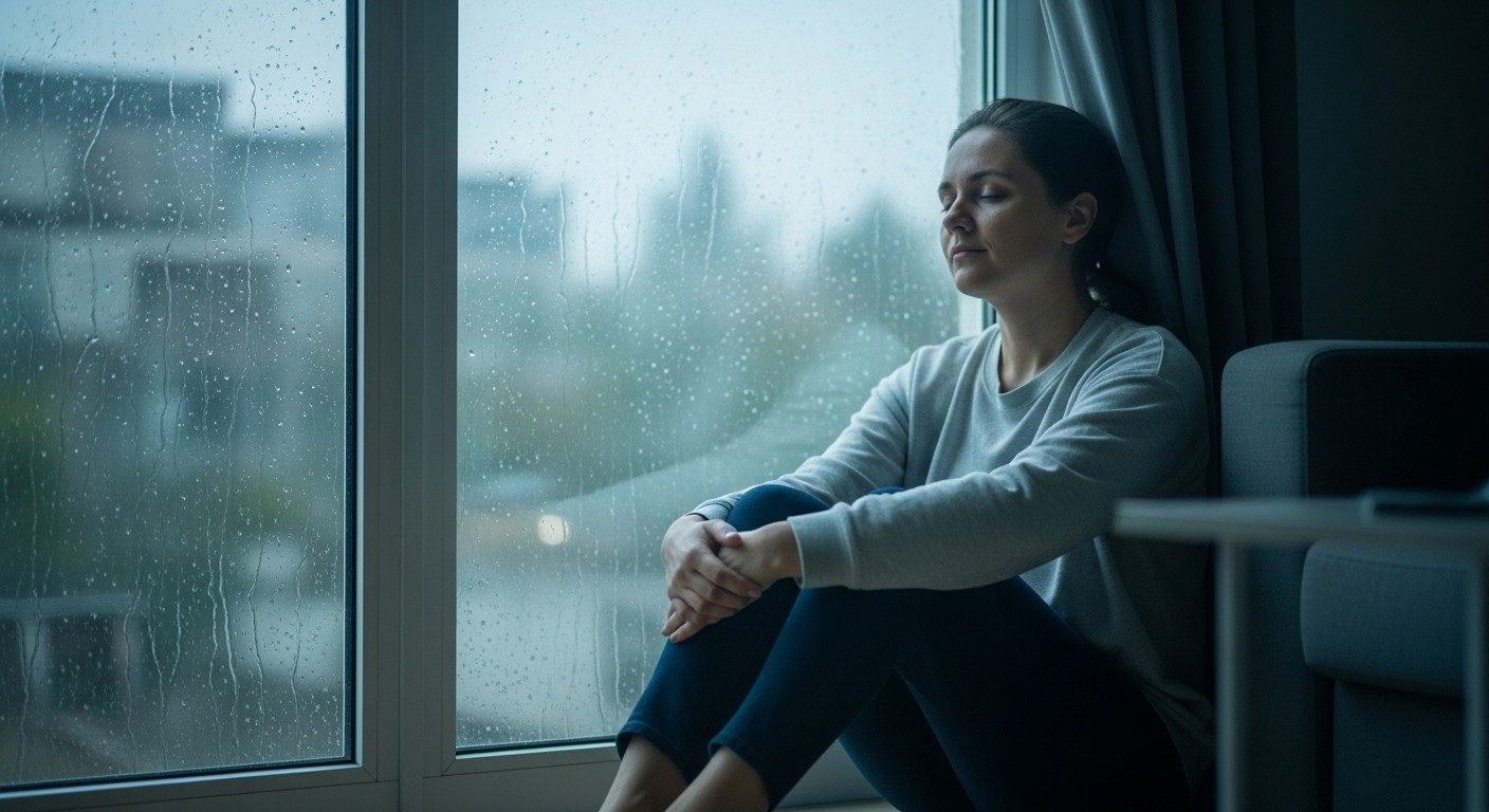A calm person sitting by a rain-streaked window, symbolizing mindfulness, stillness, and peace amid mental storms.