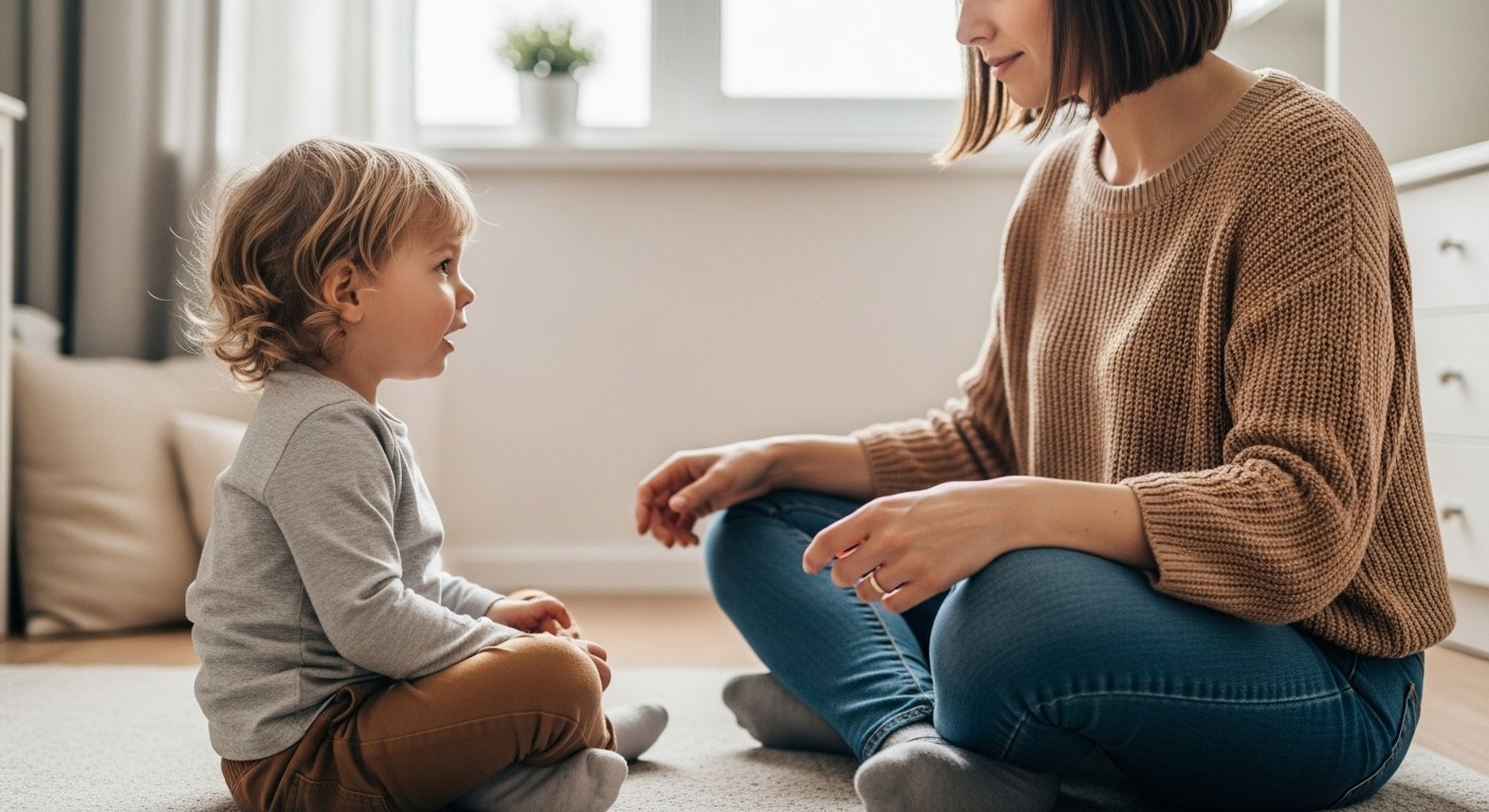 A parent calmly listening to a young child at eye level, modeling emotional validation, healthy boundaries, and mutual respect.
