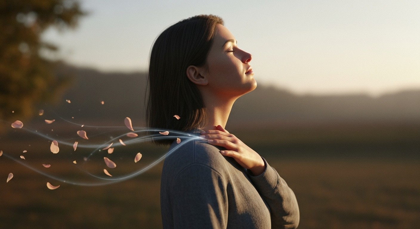 A calm girl standing in soft light, symbolically releasing invisible weight from their shoulders, representing emotional healing and self-trust.