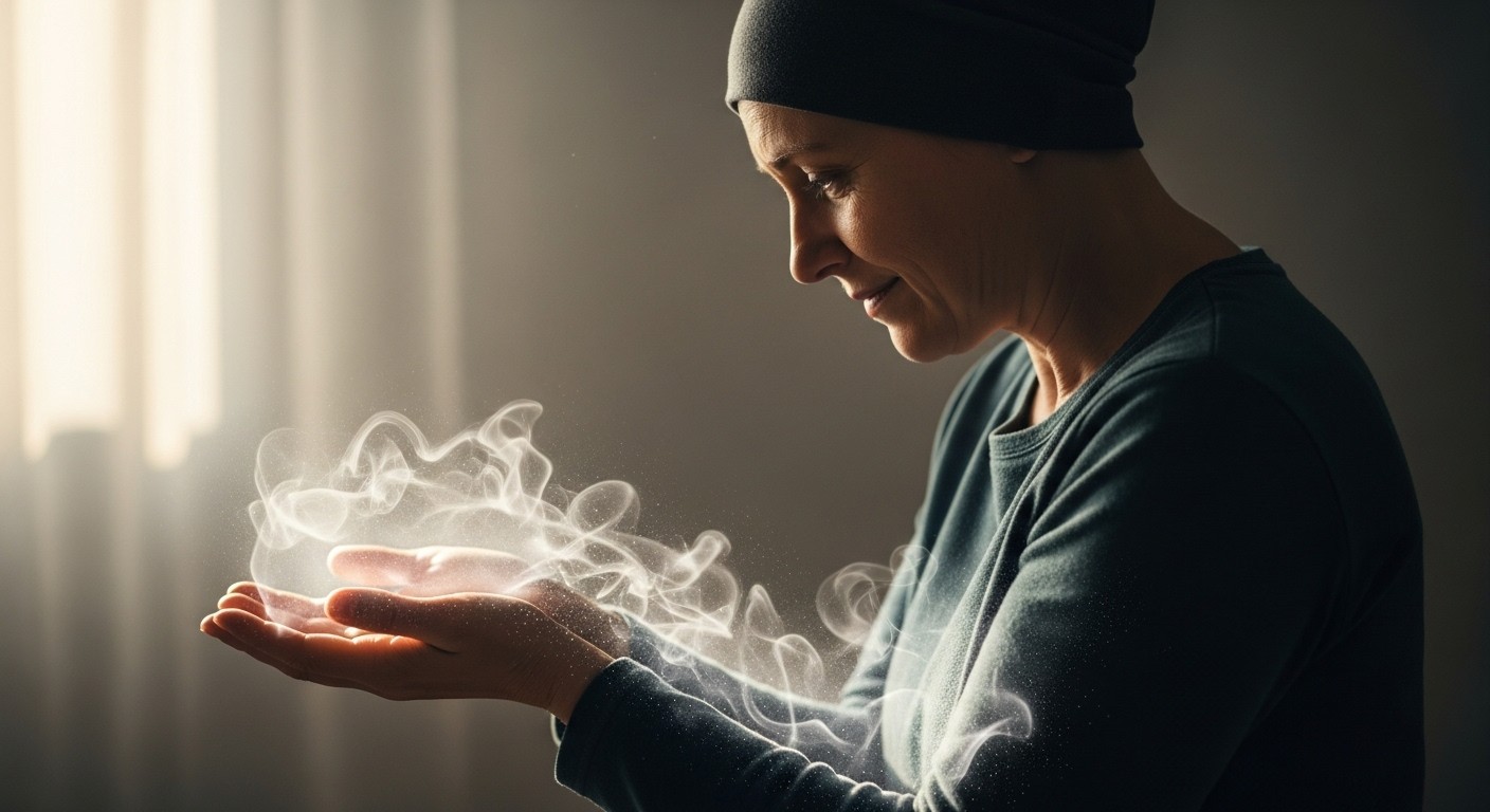 A woman softly setting down an invisible emotional weight, symbolizing release and healing from trauma that isn’t theirs.