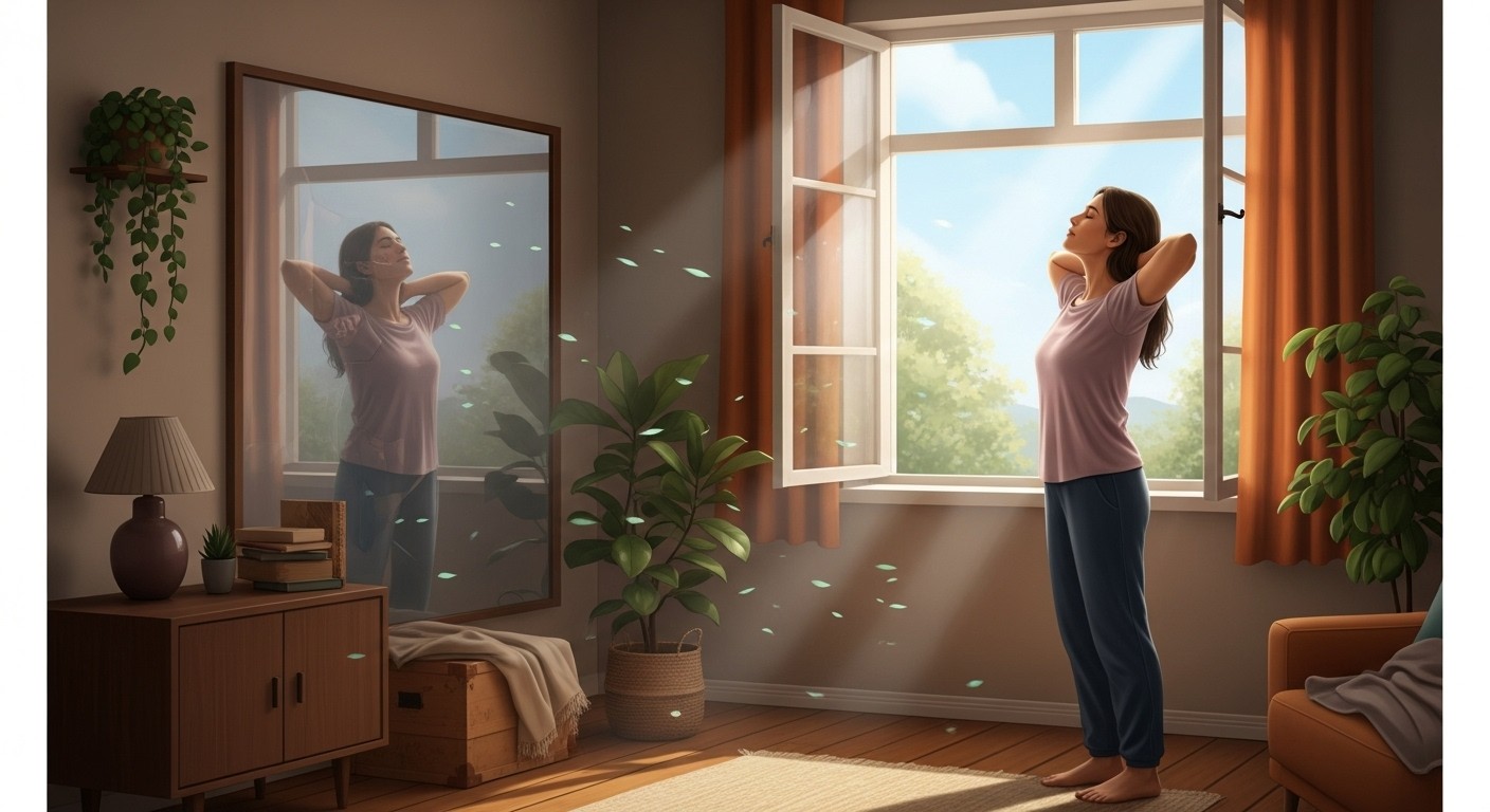 A relaxed person standing by a sunlit window, symbolizing self-trust, healing, and emotional calm.