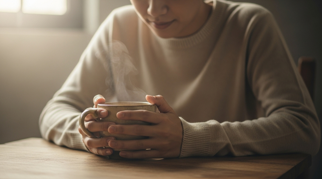 Person holding a warm coffee mug in soft light, symbolizing grounding and mindful focus during moments of overwhelm