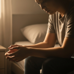 Person sitting in soft light with lowered gaze, reflecting the emotional weight of hiding and carrying shame