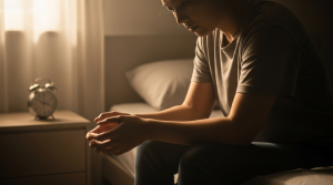 Person sitting in soft light with lowered gaze, reflecting the emotional weight of hiding and carrying shame