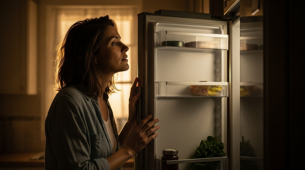 Woman standing in front of an open fridge, realizing she no longer knows her own needs after years of caring for others