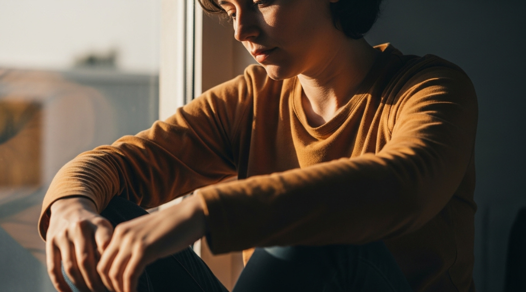 Person sitting in soft natural light with a calm posture, reflecting mindfulness therapy for an anxious and overwhelmed mind