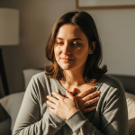 Person sitting in soft natural light with hands over their chest, symbolizing self-kindness and emotional gentleness.