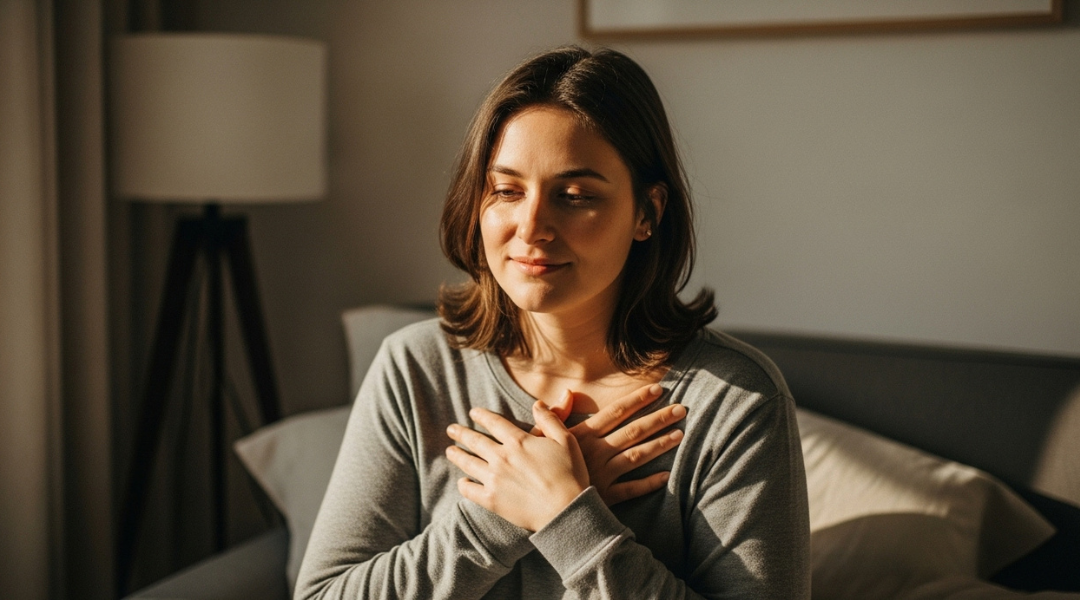 Person sitting in soft natural light with hands over their chest, symbolizing self-kindness and emotional gentleness.