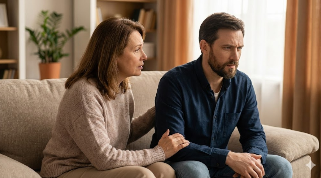 Mother and adult son sitting closely together in a living room, illustrating emotional enmeshment and blurred boundaries in a mother-son relationship