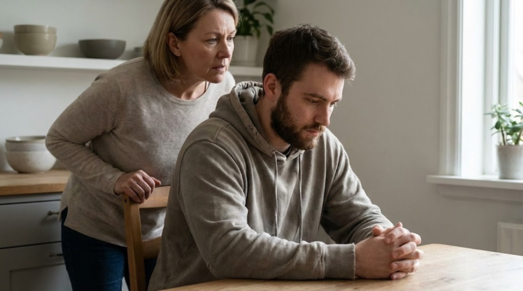 Illustration of mother-son enmeshment showing blurred emotional boundaries and loss of autonomy in a close parent-child relationship
