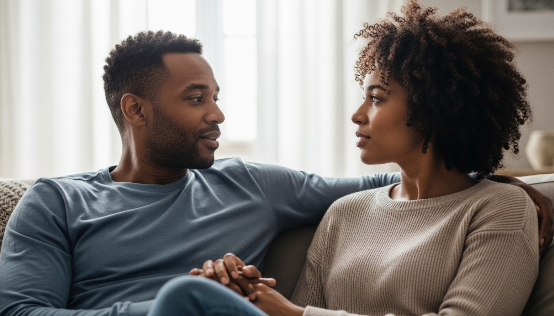 Couple practicing mutual vulnerability and emotional intimacy in a healthy relationship