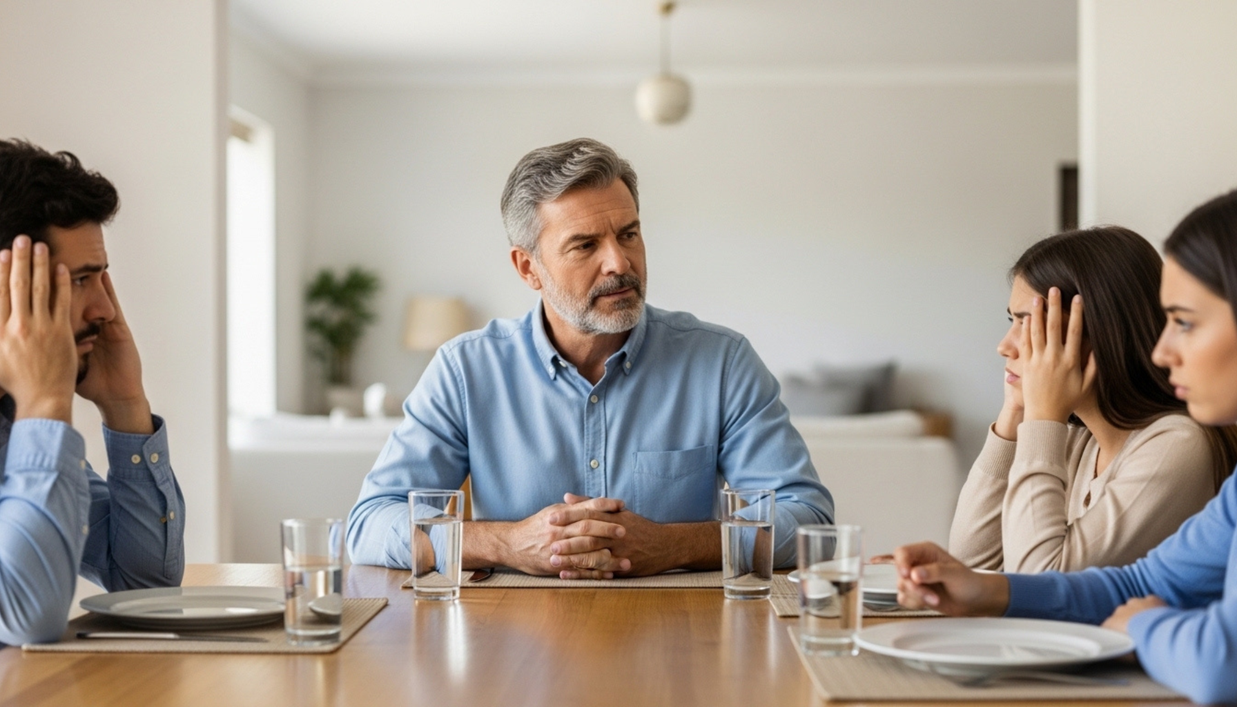 Adult setting boundaries with emotionally reactive family members during a tense conversation.